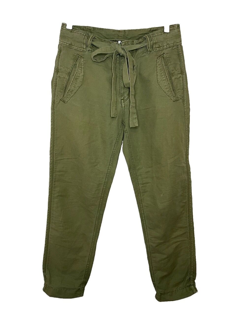 Free People Women's 0 Olive Green Cargo Utility Pants Belted Tie Cropped